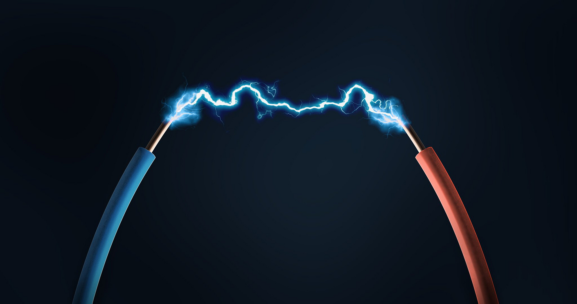 Zwei Kabel rot und blau und dazwischen sind Blitze zu sehen