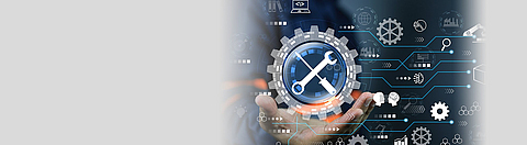 Mindmap mit vielen Symbolen um eine offene Hand herum zum Thema Wartung und Instandhaltung von Maschinen