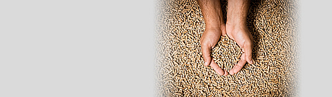 Hände greifen in viele Holzpellets.