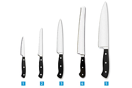 Abbildung von fünf verschiedenen Messern.