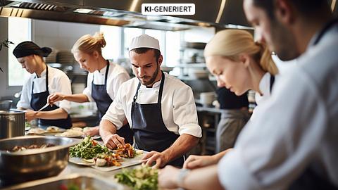 Ein Team junger Köche bereitet Gerichte in einer geschäftigen Restaurantküche zu