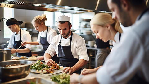 Ein Team junger Köche bereitet Gerichte in einer geschäftigen Restaurantküche zu
