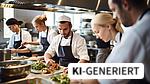 Ein Team junger Köche bereitet Gerichte in einer geschäftigen Restaurantküche zu