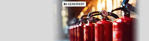 Rote Feuerlöscher stehen aufgereiht in einer dunklen Industriehalle