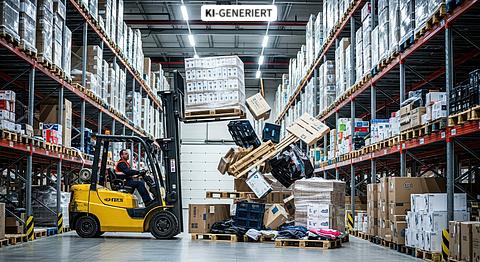 Im Warenlager fallen Objekte aus den Regalen auf einen Gabelstapler
