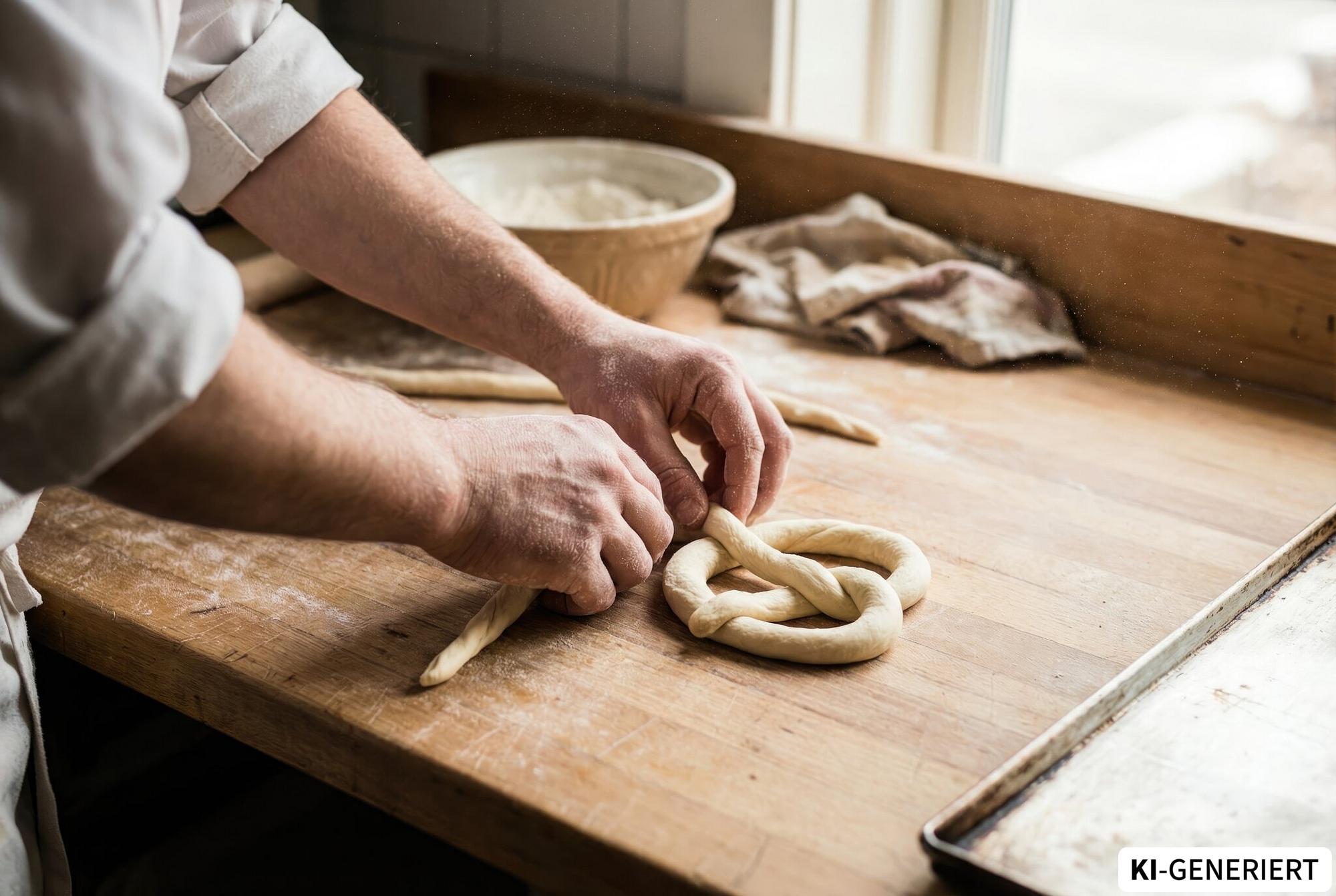 Bäcker formt einen Brezelteigling auf einer Holzarbeitsplatte
