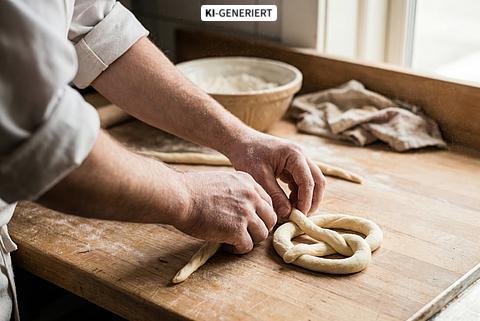 Bäcker formt einen Brezelteigling auf einer Holzarbeitsplatte
