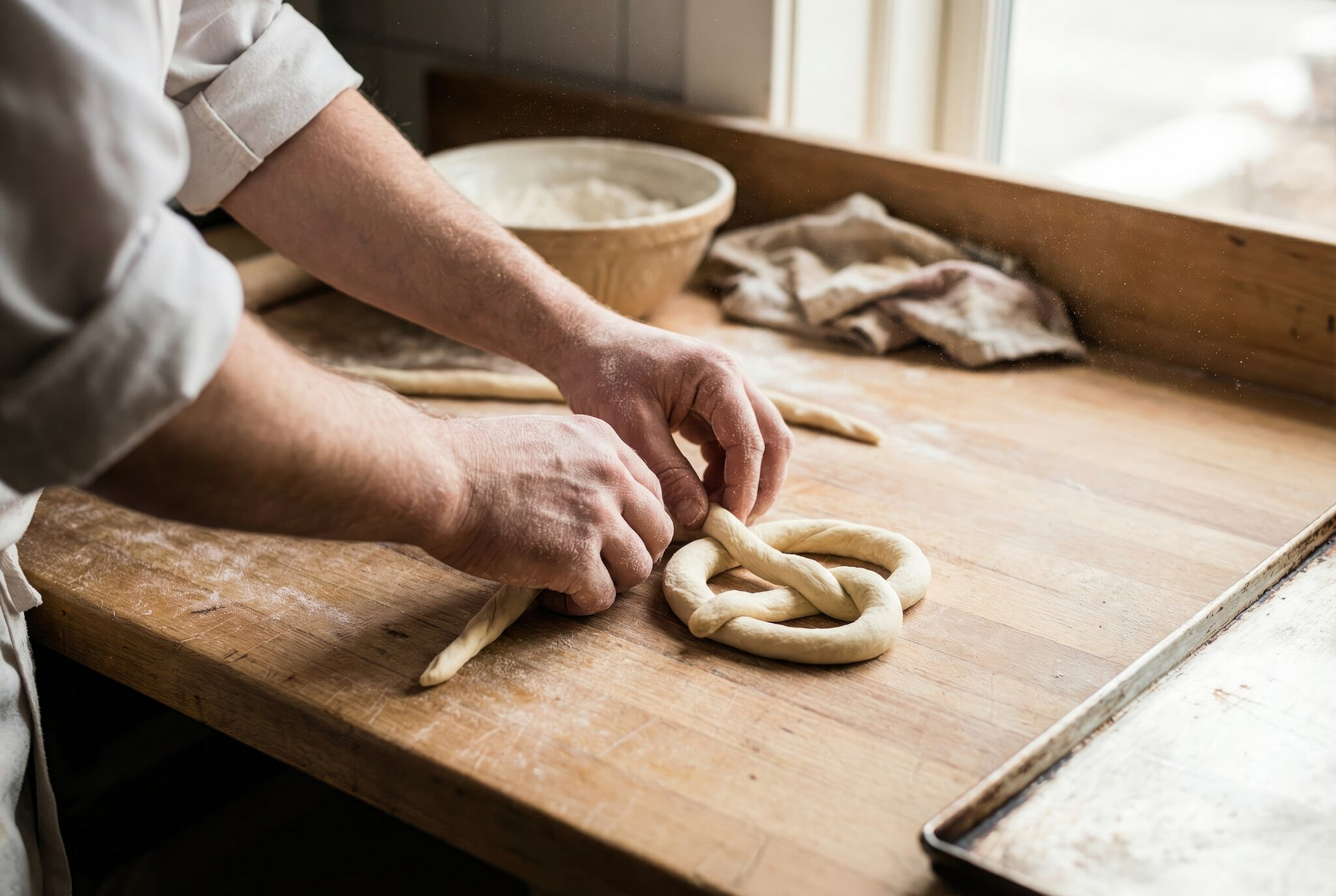 Bäcker formt einen Brezelteigling auf einer Holzarbeitsplatte