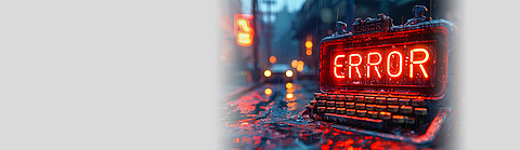 Schreibmaschine mit Fehlermeldung steht im Regen auf der Straße