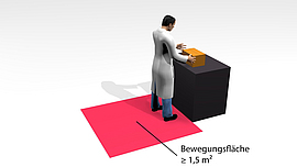 Zeichnung mit Maßen: Mindestgröße der Bewegungsfläche beim Arbeiten im Stehen