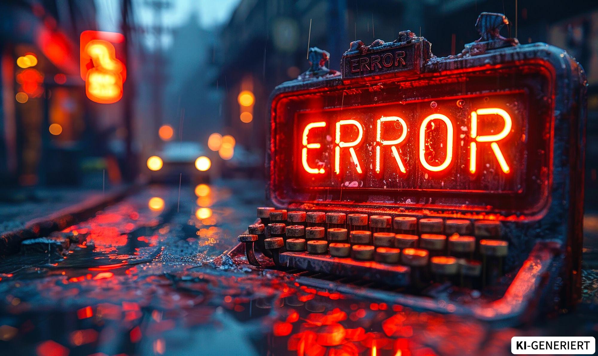 KI-generiertes Bild der Leuchtschrift ERROR. Eine Fehlermeldung die darauf hinweist, dass ein Support-Eingriff erforderlich ist.
