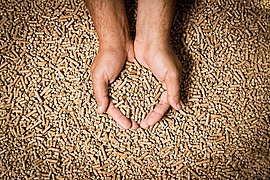 Hände greifen in viele Holzpellets.