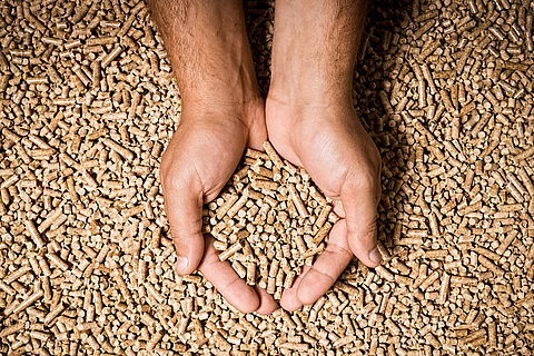 Hände greifen in viele Holzpellets.
