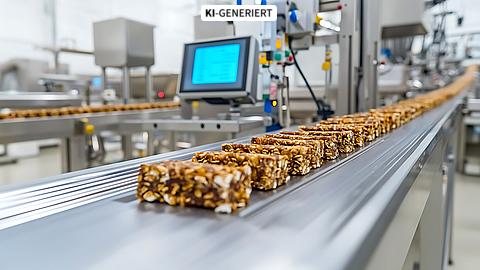 Produktionslinie mit Müsliriegeln auf einem Förderband