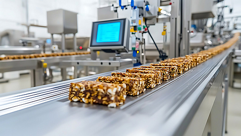 Produktionslinie mit Müsliriegeln auf einem Förderband