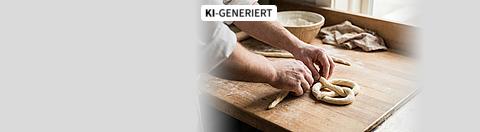 Bäcker formt rohen Teig zu einer Brezel auf einer Holzarbeitsplatte