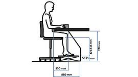 Illustration: Raumanforderung bei der Arbeit im Sitzen, einzelne Maße sind angegeben