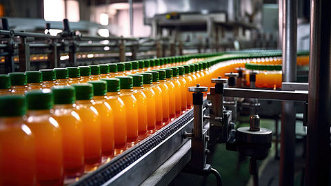Förderband bei der Herstellung von Saft, Süßwasser, Orangenflaschen in der Fabrik. Generiert mit KI
