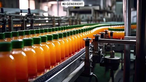Förderband bei der Herstellung von Saft, Süßwasser, Orangenflaschen in der Fabrik