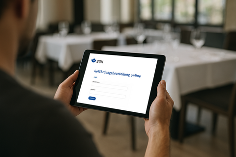 Person im Gastraum zeigt Tablet mit Startbildschirm der digitalen Gefährdungsbeurteilung