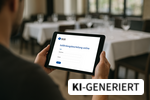 Person im Gastraum zeigt Tablet mit Startbildschirm der digitalen Gefährdungsbeurteilung