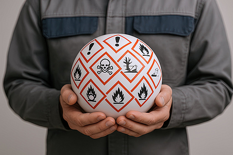 Mensch hält einen Ball mit Warnzeichen für Gefahrstoffe in den Händen
