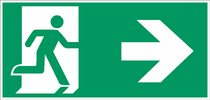 Flucht- und Rettungszeichen Beispiel für Rettungsweg Notausgang (E0 02) mit Zusatzzeichen (Richtungspfeil) I