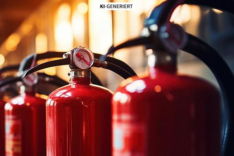 Feuerlöscher aufgereiht in einer Industriehalle
